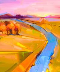 Fototapeta premium Abstract colorful oil painting landscape on canvas. Semi- abstract image of tree, hill and yellow - green field, blue river with sunlight and purple blue sky. Spring, Summer season nature background