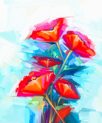 Abstract oil painting of spring flower. Still life of pink and red poppy. Colorful bouquet flowers with green and blue background. Hand Painted floral Impressionist style