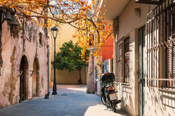 Beautiful street in Chania, Crete island, Greece.