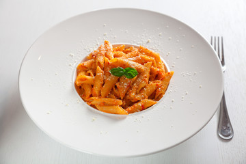 Penne with cream and peppers served in a large plate