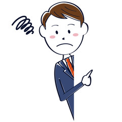 かわいい　真面目そうなビジネスマン　線画 上半身　 覗き込んで悩む