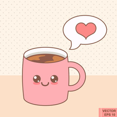 Kawaii emoji with cheeks and eyes. Colored beautiful doodle mug character in flat designs cute cartoon face. Hot coffee tea. Vector illustration.