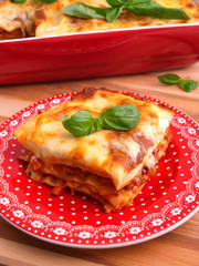 Lasagna Bolognese - classic italian pasta recipe. Shot from abov