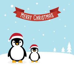Penguin cartoon character. Cute Penguins wearing Santa Claus hat standing on sky blue background. Flat design Vector illustration for Merry Christmas and Happy New Year invitation card.