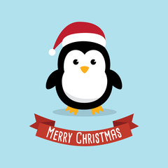 Fototapeta na wymiar Penguin cartoon character. Cute Penguins wearing Santa Claus hat standing on sky blue background. Flat design Vector illustration for Merry Christmas and Happy New Year invitation card.