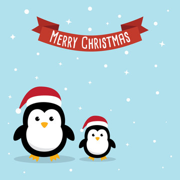 Penguin cartoon character. Cute Penguins wearing Santa Claus hat standing on sky blue background. Flat design Vector illustration for Merry Christmas and Happy New Year invitation card.