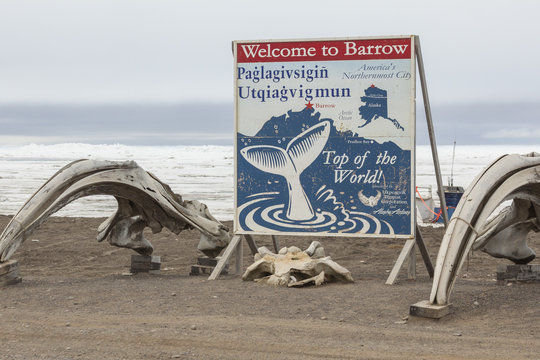 BARROW, ALASKA- JUNE 3, 2012: Welcome sign on the beach of the C