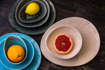 Grapefruit slice on rustic plates