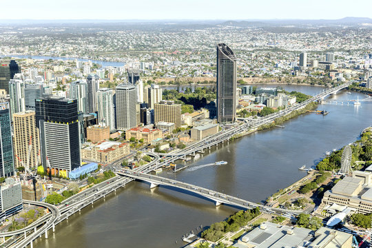 Brisbane CBD Cityscape And South Bank With Victoria Bridge Over The 