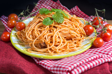tasty pasta-Italian meat sauce pasta on the table