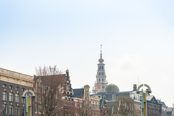 Beautiful street view of Traditional old buildings in Amsterdam,