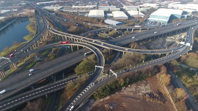 Static wide aerial view of Spaghetti Junction in Birmingham, UK.