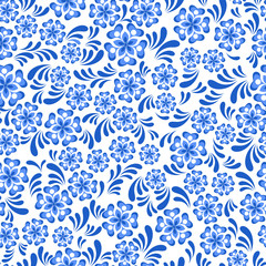 Seamless blue floral pattern in Russian gzel style