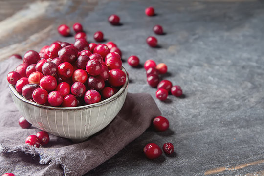 Red berries on a dark background. cranberries in a bowl.