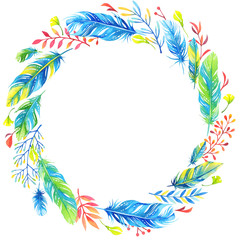 Watercolor floral wreath with blue and green feathers
