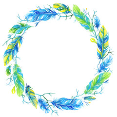 Fototapeta na wymiar Watercolor floral wreath with blue and green feathers
