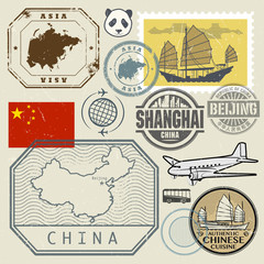 Travel stamps set with the text Chine, Shanghai, Beijing