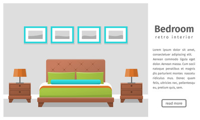 Bedroom design. Banner of retro room interior in flat style. Background. Vector illustration.