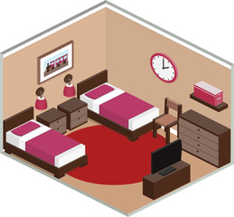 Modern bedroom design with furniture including two beds and TV. Interior in isometric style. Vector 3D illustration.
