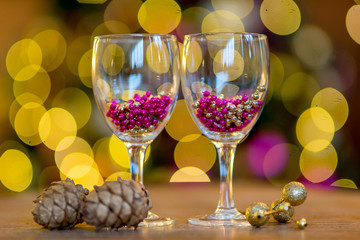 New Year background in purple and gold colors. Bokeh