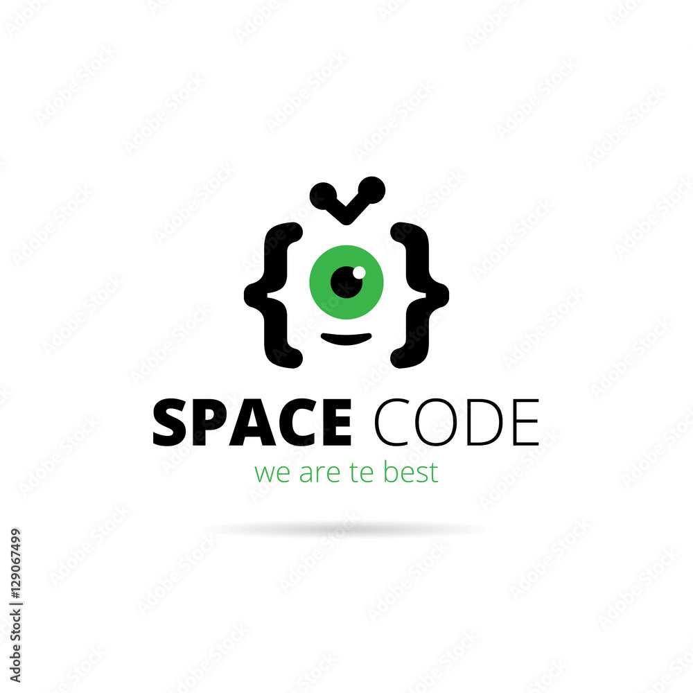 Wall mural web development studio logo. alien mascot coding vector logotype