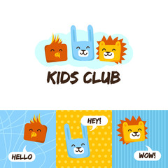 Kids club logo with animals. Cute kindergarten and language school sign.