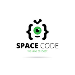 Web development studio logo. Alien mascot coding vector logotype