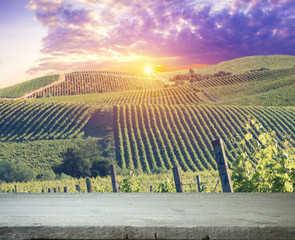 Red wine with barrel on vineyard in green Tuscany, Italy