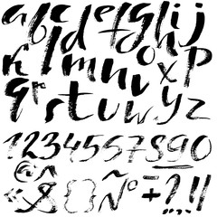 Hand drawn font made by dry brush strokes. Grunge style alphabet