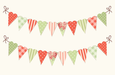 Fototapeta premium Cute vintage heart shaped shabby chic textile bunting flags ideal for Valentines Day, wedding, birthday, bridal shower, baby shower, retro party decoration etc