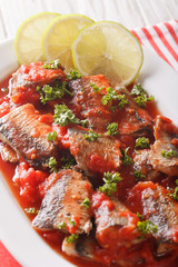 Tasty sardines in tomato sauce with lime and parsley close-up. vertical