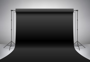 Empty black photo studio. Realistic 3D template mock up. Backdrop stand (tripods) with black paper backdrop. Black background. Vector illustration.