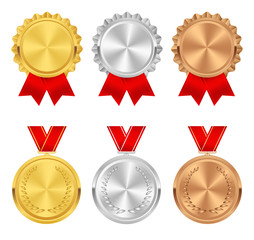 Set of gold, silver and bronze award medals. Rosettes with red ribbons. Medal, rosette vector collection isolated on white background. Premium badges. Winner awards.
