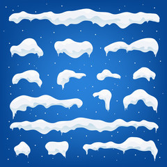 Snow caps, snowballs and snowdrifts set. Snow cap vector collection. Winter decoration element. Snowy elements on winter background. Cartoon template. Snowfall and snowflakes in motion. Illustration.