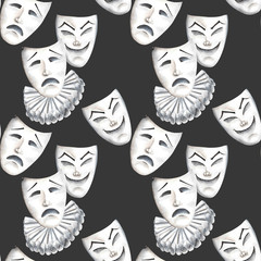 Seamless pattern with theater masks of laughter and sadness emotions, hand drawn on a black background