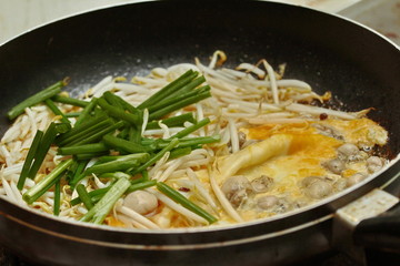 Cooking,Oyster omelet with herb,Hoi Tod Khai in Thai.