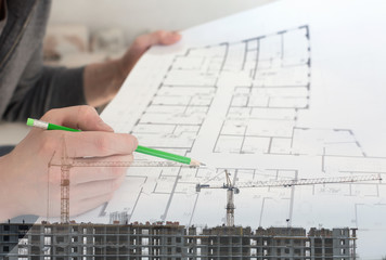 Collage with construction worker holding construction plans and construction site