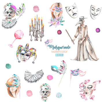 Masquerade theme set with female images in masks, design skulls in Venetian style, masks and plague doctor, hand drawn isolated on a white background