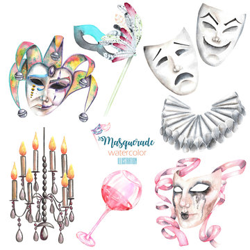 Masquerade Theme Set With Masks In Venetian Style, Theater Masks And Elements Of Carnival, Hand Drawn Isolated On A White Background