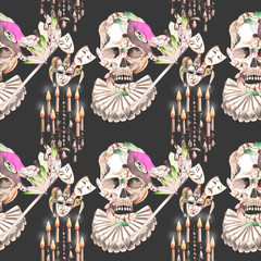 Masquerade theme seamless pattern with skulls, chandeliers with candles and masks in Venetian style, hand drawn on a dark background, in sepia color