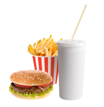 Hamburger, soda and french fries isolated on white