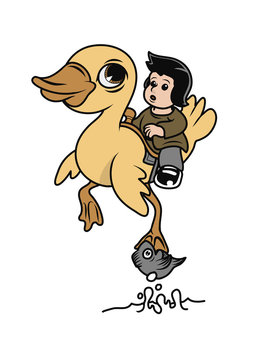 a little kid riding a big duck with a fish biting the duck's leg. Vector illustration