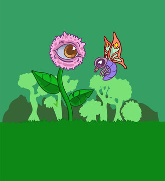 A big flower in the middle of the forest with a big eye and next to a butterfly. Vector illustration