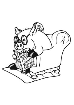 A piggy bank reading an economic journal. Vector illustration