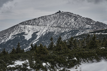 Fototapeta premium Tourists on a mountain trail in the Giant Mountains .