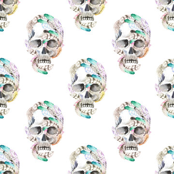 Masquerade theme seamless pattern with skulls in feathers, hand drawn on a white background