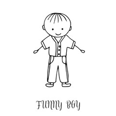 Funny little boy. Hand drawing in cute kids style. Design element for decoration souvenirs, cards, poster, banner. Imitation drawing child. Doodles. Vector illustration isolated on white background.