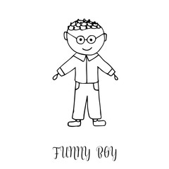 Funny little boy. Hand drawing in cute kids style. Design element for decoration souvenirs, cards, poster, banner. Imitation drawing child. Doodles. Vector illustration isolated on white background.