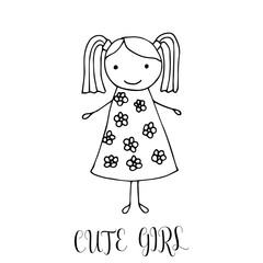Cute little girl. Hand drawing in funny kids style. Design element for decoration souvenirs, cards, poster, banner. Imitation drawing child. Doodles. Vector illustration isolated on white background.