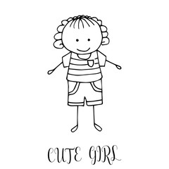 Cute little girl. Hand drawing in funny kids style. Design element for decoration souvenirs, cards, poster, banner. Imitation drawing child. Doodles. Vector illustration isolated on white background.